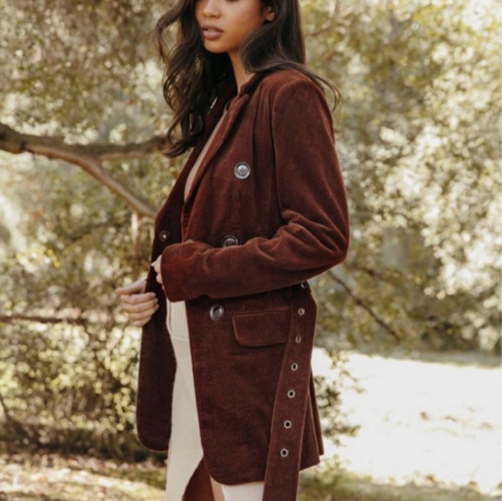 Amber Brown Belted Cord Trench Coat Jacket - Picture 5 of 8